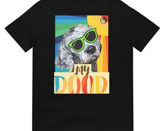 Könnte beinhalten: Ein schwarzes T-Shirt mit einer Retro-Grafik eines Hundes mit Sonnenbrille und dem Text "My Dood".