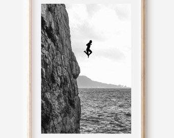 Cliff Diving Photography Print: Black and White Ocean Jump (Digital Download)