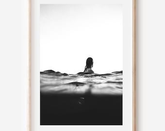Black and White Woman Swimming Print: Retro Ocean Wall Art (Digital Download)