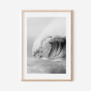 Impresión de océano en blanco y negro, impresión de olas grandes, impresión de surfista, arte de pared costero, impresión de playa, póster de surfista, decoración de arte de pared oceánico, arte hawaiano