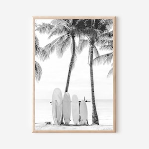 Surfboard Print, Surfboard Poster,  Hawaii Print, Palm Tree Art Print, Black and White Art, Beach Wall Decor, Printable Wall Art, Surf Print