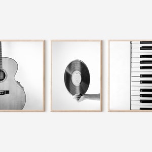 Music Print Set of 3, Music Art Print Black and White, Guitar Wall Art, Vinyl Record Print, Piano Keys Wall Decor, Music Wall Art, B&W Photo