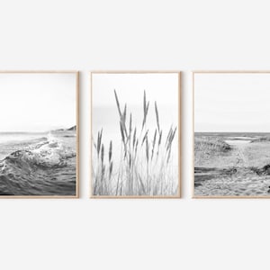 Beach Print Black And White, Beach Prints Set of 3, Coastal Wall Art, Ocean Prints Set,Triptych Wall Art,Printable Wall Art,Pampas Grass Art