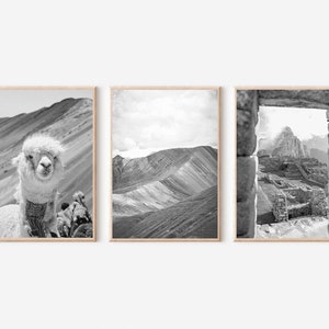 Peru Print Set of 3, Peru Print Black and White Art, Peru Wall Art, Machu Picchu Print Black and White, Machu Picchu Poster, Alpaca Wall Art