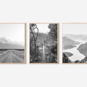 New Zealand Prints Set of 3, New Zealand Print Black and White, New Zealand Wall Art, Wanaka Print, NZ Print, New Zealand Travel Poster Set