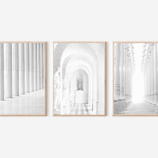 White Arches Print Set, Architecture Art Print, Gray and White Set of 3 Prints, Antique Architecture Photo, Aesthetic Wall Art Poster