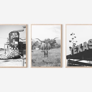 Texas Print Black and White Set, Texas Longhorn Cow Black And White Print, Texas Wall Art, Southwestern Travel Set of 3, Texas Poster