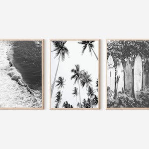 Beach Print Black and White, Coastal Print Set of 3, Palm Tree Print, Landscape Art, Printable Wall Art, Surfboard Print, Surfboard Wall Art