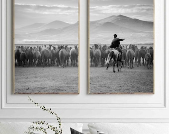 Black and White Cowboy Horse Art Print Set: Southwestern Farmhouse Decor (Digital Download)