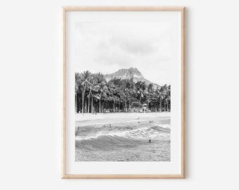 Impressão de praia do Havaí em preto e branco: arte de parede de O'ahu (download digital)