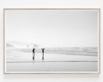 Beach Print Black and White, Ocean Print, Surf Print, Coastal Printable, Horizontal Wall Art, Surfer Poster, Surfboard Wall Art, Sea Poster