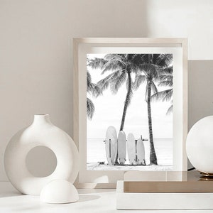 Surfboard Print Surfboard Poster Hawaii Print Palm Tree Print Black and White Art Beach Wall Decor Printable Wall Art Surf Print Surfing Art
