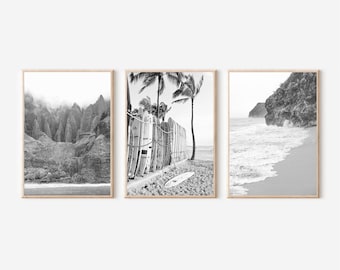 Conjunto de impressão em preto e branco do Havaí: praia, palmeira (download digital)