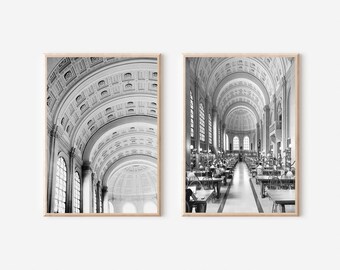 Boston City Print Set of 2, Boston Print Black And White, Boston Wall Art, Boston Public Library Set, Boston Poster, Massachusetts Print