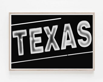Texas Neon Sign Print: Black and White Vintage Wall Art (Digital Download)