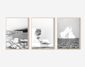 Set di stampe di iceberg della Groenlandia: arte murale in bianco e nero raffigurante un ghiacciaio (download digitale)