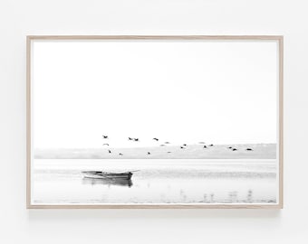 Schwarz weisse Vögel & Boot Druck: Minimalistische Natur Kunst (Digitaler Download)