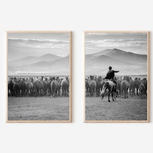Cowboy Art Print Black and White, Cowboy Wall Art, Western Decor Set Of 2, Horse Prints Set, Southwestern Art Poster, Farmhouse Wall Art