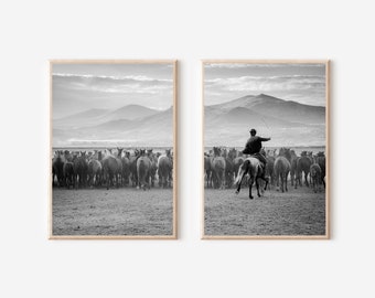 Cowboy Art Print Black and White, Cowboy Wall Art, Western Decor Set Of 2, Horse Prints Set, Southwestern Art Poster, Farmhouse Wall Art
