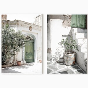 May include: Two photos of a white building with a green door and a potted plant. The first photo shows a green door with a white archway above it. The second photo shows a potted plant in a wooden pot on a white stone staircase.