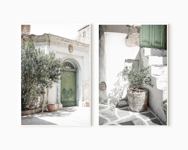 May include: Two photos of a white building with a green door and a potted plant. The first photo shows a green door with a white archway above it. The second photo shows a potted plant in a wooden pot on a white stone staircase.