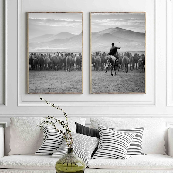 Black and White Cowboy Horse Art Print Set: Southwestern Farmhouse Decor (Digital Download)
