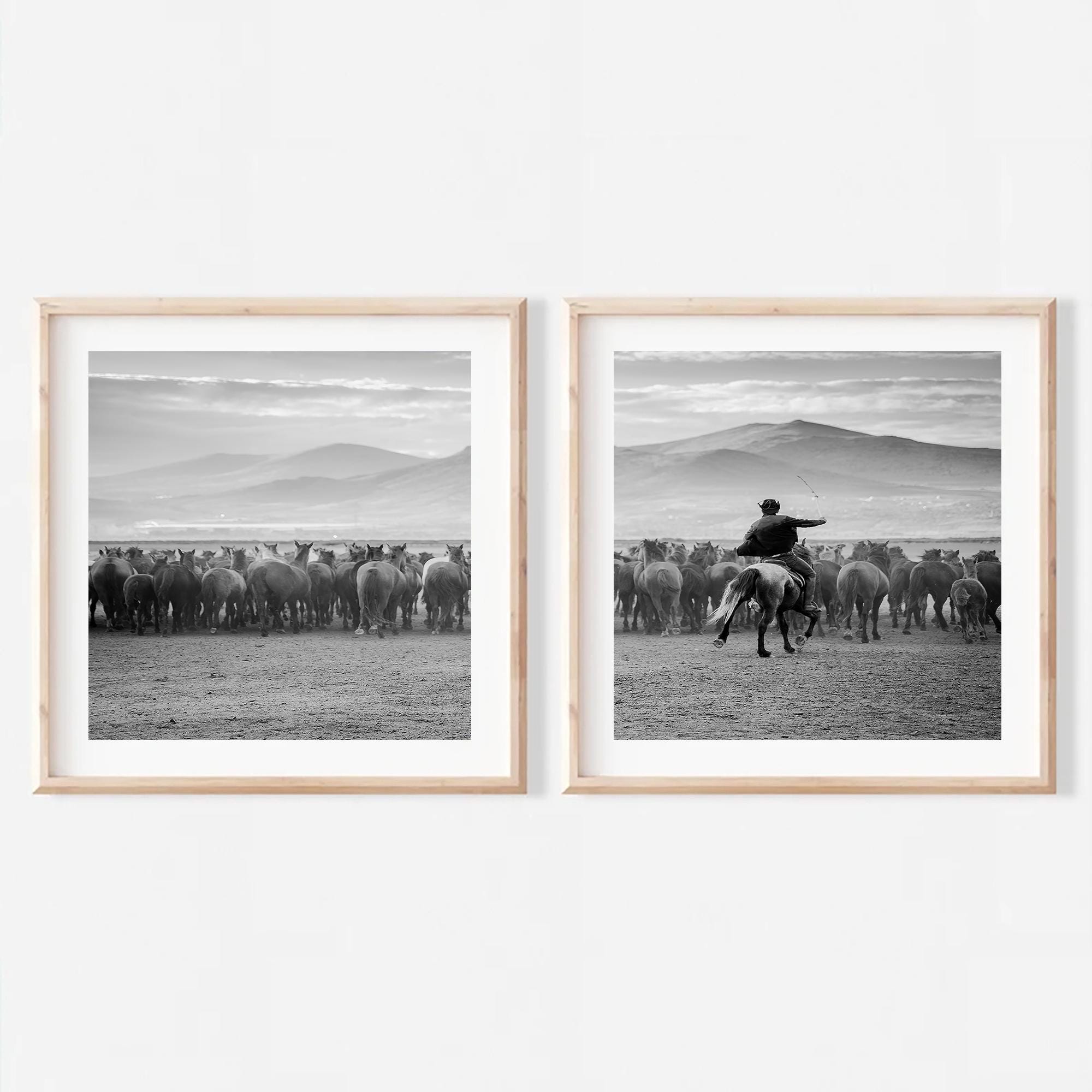 Cowboy Art Print Black and White Cowboy Wall Art Western Decor Set Of 2 Square Horse Prints Set Southwestern Art Poster Farmhouse Wall Art