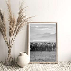 May include: Black and white framed print featuring a herd of horses in a field, with mountains in the background. The print is displayed on a white surface, next to a vase with tall, dried grasses and a white ceramic vase.