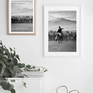 May include: Black and white framed prints of horses and a rider. One print shows a herd of horses, the other shows a rider on horseback herding the horses. The prints are displayed on a white wall.