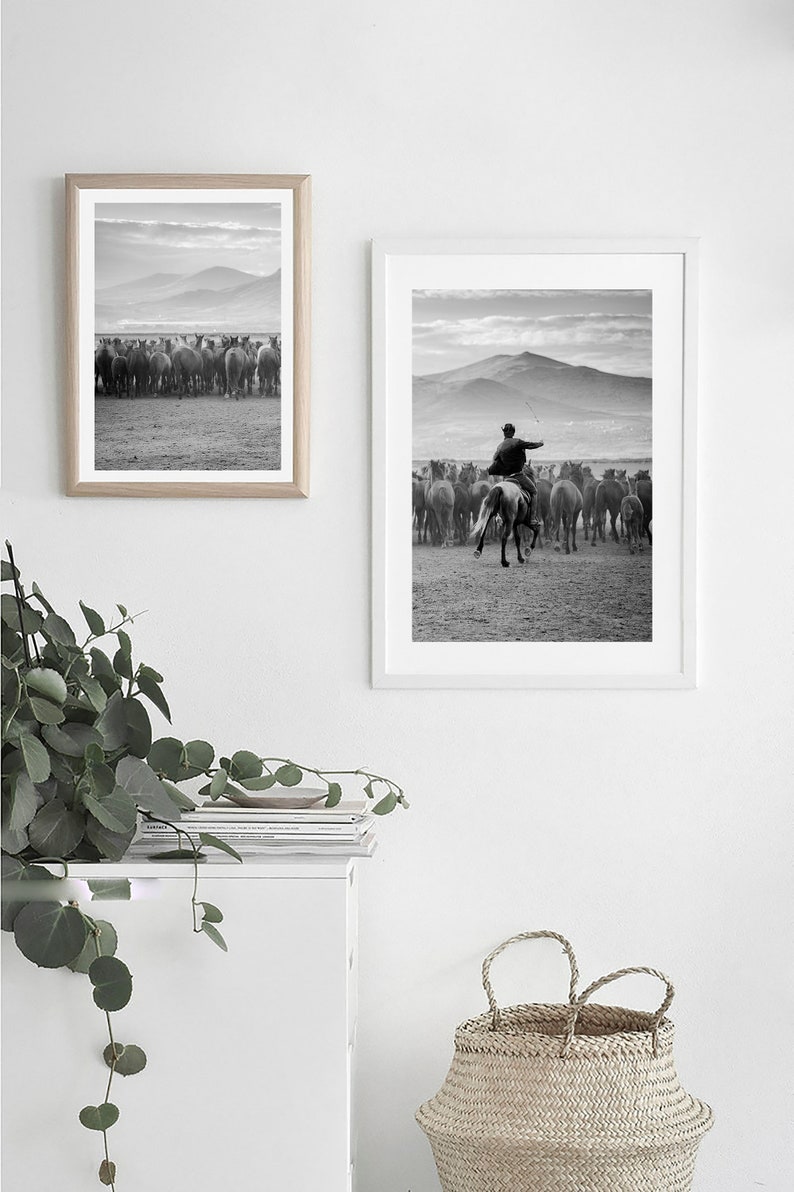 May include: Black and white framed prints of horses and a rider. One print shows a herd of horses, the other shows a rider on horseback herding the horses. The prints are displayed on a white wall.