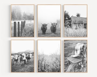 Farmhouse Print Set: Black and White Rustic Landscape (Digital Download)