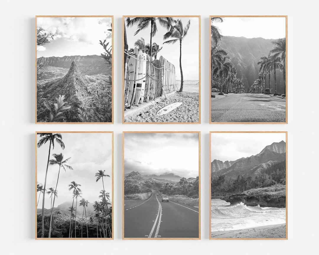 Hawaii Black and White Print Set: Beach & Palm Tree Wall Art (digital ...