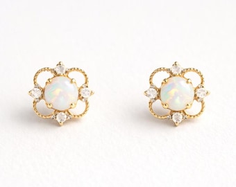 Pendientes de ópalo natural en plata 925 chapada en oro de 18 quilates – Pendientes de botón finos de ópalo – Joya delicada y luminosa