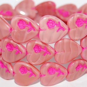 Heart Pressed Glass Beads with Flower, 17 x 16 mm, Czech Crystal Glass Beads