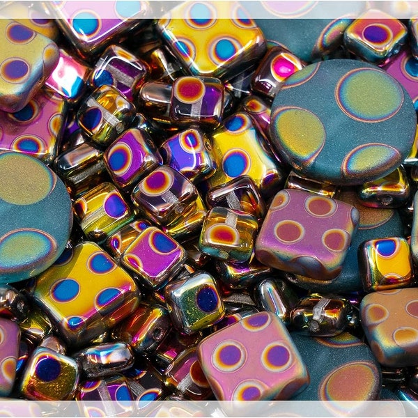 50 g (1,75 oz) Mélange de perles pressées uniques en verre de Bohême tchèque, différentes couleurs, à motifs, mates et brillantes, fabriqué à la main par BCV