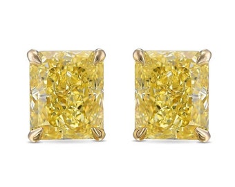 Yellow Radiant Cut Lab Grown Diamond Solitaire Studs, Radiant Diamond Stud Earring, 14K Yellow Gold Lab Diamond Screw Back Earrings Studs