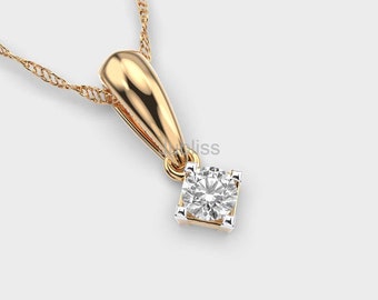 14k Solid Gold Solitaire Diamond Necklace, Lab Grown Diamond Pendant Necklace, Lab Created Diamond Jewelry, Hanging Pendant For Her Birthday