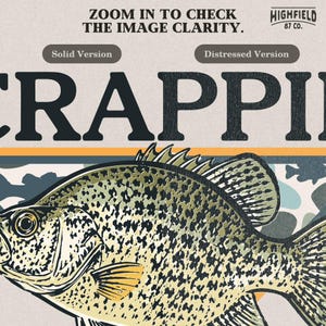 Crappie PNG design featuring a speckled freshwater fish with fins, camo background shape, and Southern Waters lettering for fishing apparel projects.