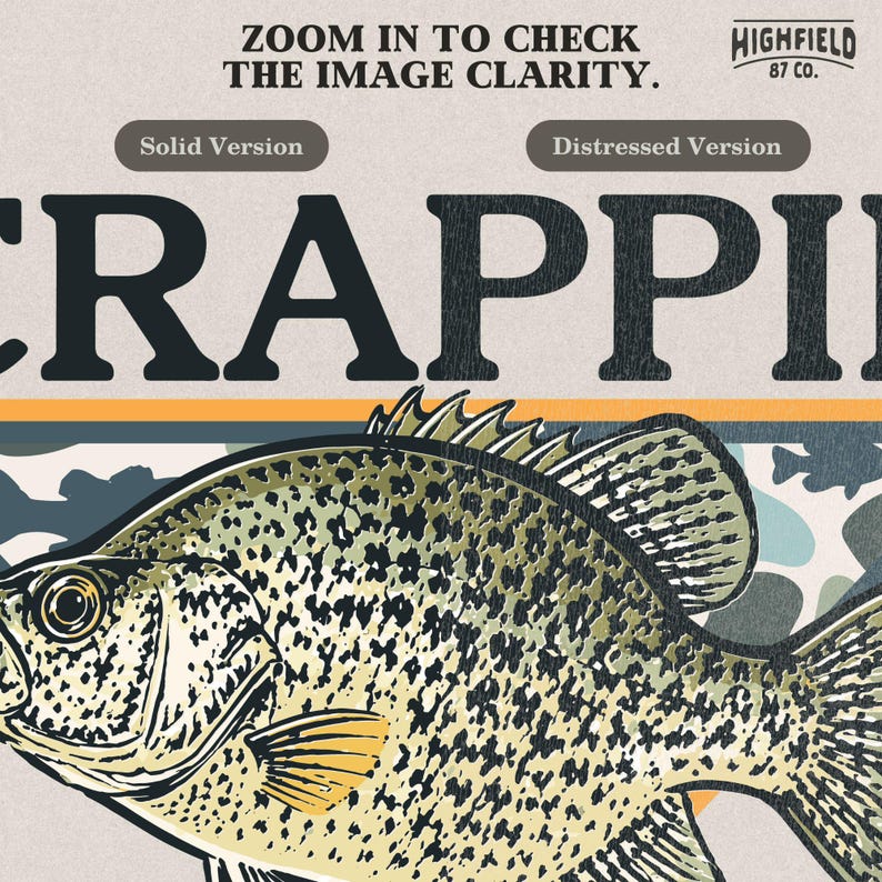 Crappie PNG design featuring a speckled freshwater fish with fins, camo background shape, and Southern Waters lettering for fishing apparel projects.