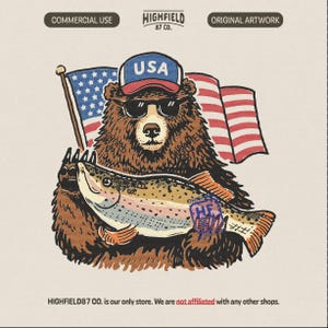Trout Fishing Bear PNG, Patriotic Fisherman Bear Design, American Flag Fishing Graphic, USA Angler Summer Digital Download