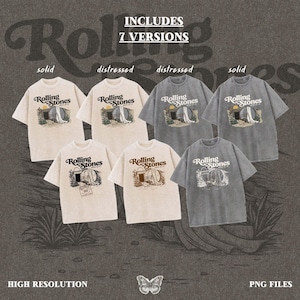 May include: Seven t-shirts with the Rolling Stones logo in various colors and distressed styles. The shirts are short-sleeved and have a graphic of a barrel and the words "Rolling Stones". The image also includes the text "Includes 7 Versions", "High Resolution", and "PNG Files".