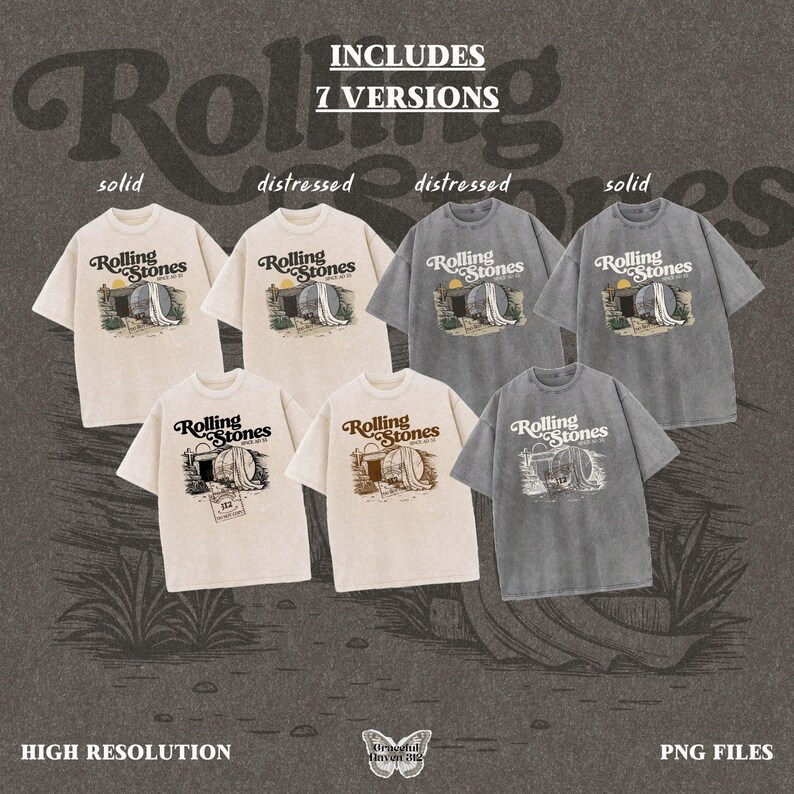 May include: Seven t-shirts with the Rolling Stones logo in various colors and distressed styles. The shirts are short-sleeved and have a graphic of a barrel and the words "Rolling Stones". The image also includes the text "Includes 7 Versions", "High Resolution", and "PNG Files".