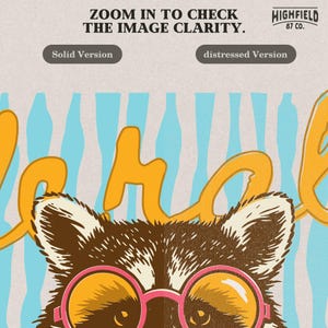cute raccoon illustration with hola text and striped background for preppy summer apparel