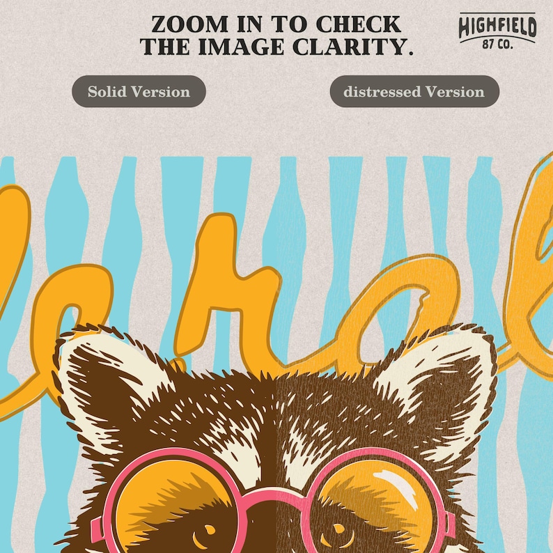 cute raccoon illustration with hola text and striped background for preppy summer apparel