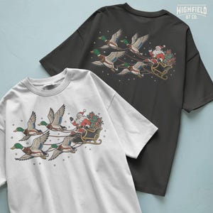 Duck hunting Christmas PNG with Santa Claus, flying mallards, wrapped presents, snowflakes, and a vintage black and gold holiday sleigh.