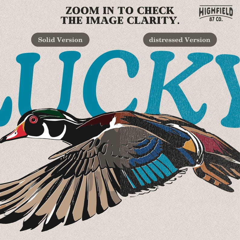 Duck shirt PNG featuring a flying wood duck beneath bold Lucky lettering in a teal blue color. The design includes hand drawn feather details, natural bird colors, and a clean white background, making it useful for outdoor shirts, bird watcher gifts, and casual apparel projects.