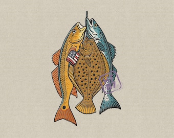 Patriotic Fishing PNG with Redfish Flounder Trout Illustration for Shirts Saltwater Angler Artwork Digital Download