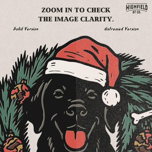 Digital drawing of black Labrador retriever in Santa hat, inside a holiday wreath with red pinecone ornaments and bone. Christmas dog PNG download.
