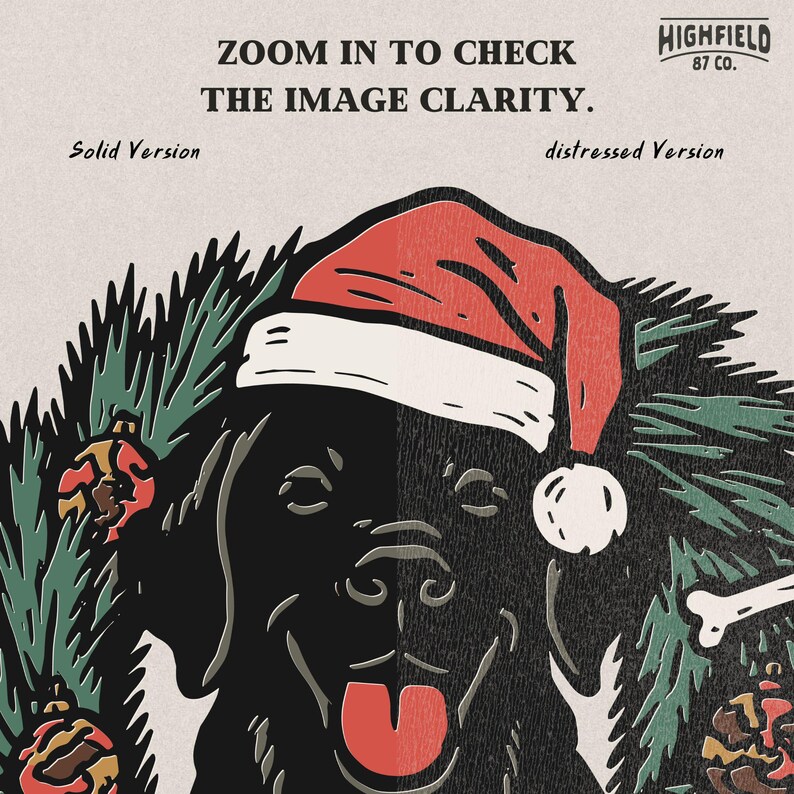 Digital drawing of black Labrador retriever in Santa hat, inside a holiday wreath with red pinecone ornaments and bone. Christmas dog PNG download.