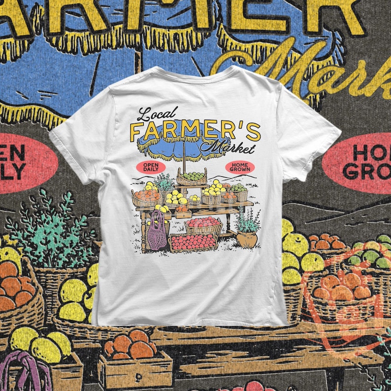 Produce market PNG showing fresh fruit baskets on a wooden table with open daily and home grown signs for farm fresh shirt graphics.